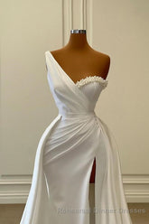 Charming White Long Mermaid One Shoulder Satin Beading Semi Formal Prom Dresses
